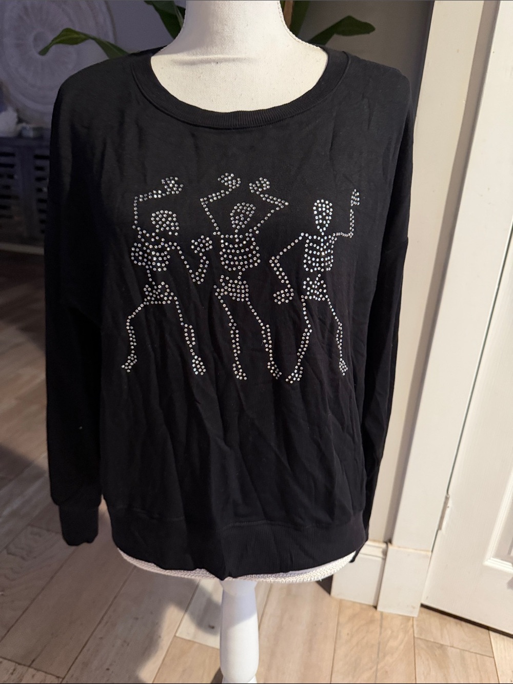 Cynthia Rowley Black Rhinestone Dance-Silhouette Crewneck Sweater